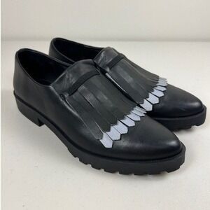 Miista London Black Leather Kiltie Fringe Lug Sole Loafer Womens Size EU 38
